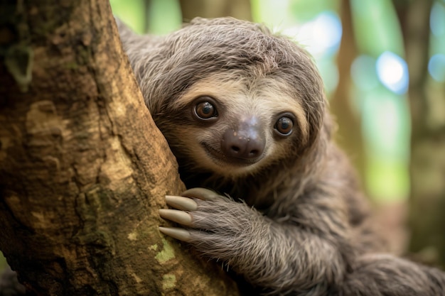 ナマケモノが森の木に登っている