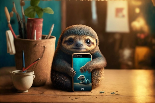 a sloth is looking at a cell phone with a picture of a sloth on it.