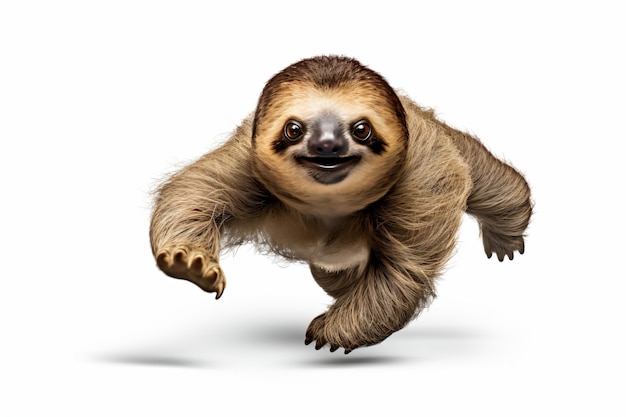 a sloth is running and smiling on a white background