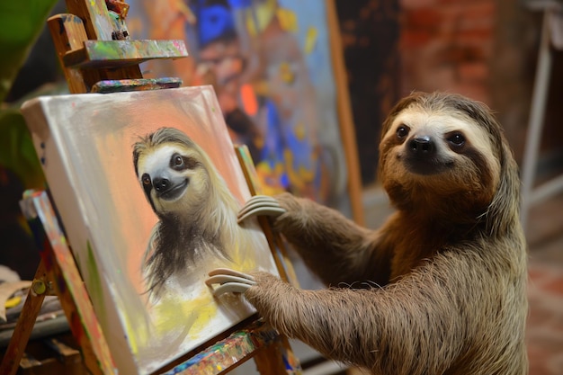 Foto un pigro sta mostrando un dipinto di se stesso ad un evento per la fauna selvatica
