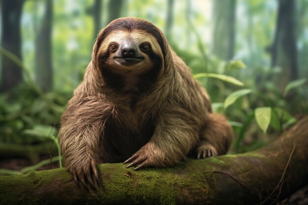 a sloth is sitting on a log in the woods