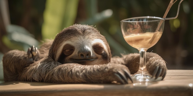 Photo sloth is on summer vacation at seaside resort and relaxing on summer beach