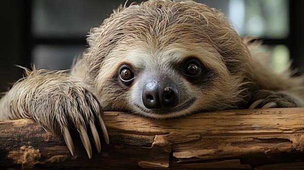 Photo a sloth leaning on a log