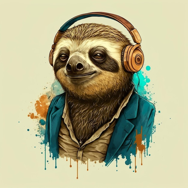 Sloth listening to music with headphones Cartoon character lazy sloth businessman working day AI Generated