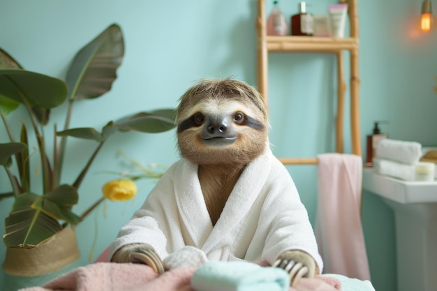 A sloth in a pink bathrobe relaxes after a massage