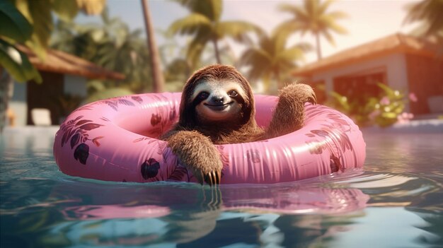 A sloth in a pink inflatable pool float is in the water.