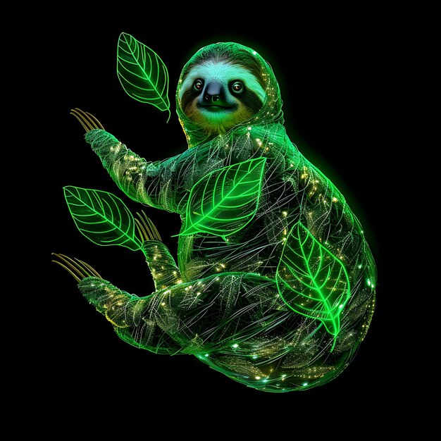 Sloth Shaped in Leaf Material Transparent With Green Liquid Background Art Y2K Glowing Concept