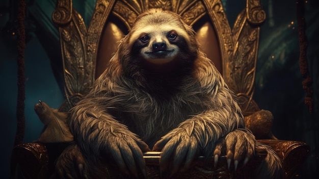 A sloth sits on a throne in a dark room.