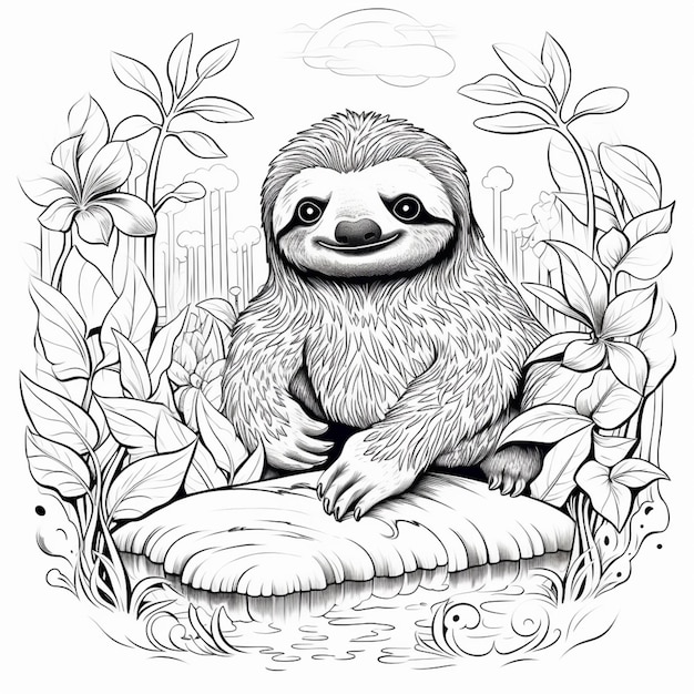 Photo a sloth sitting on a rock surrounded by flowers and plants generative ai