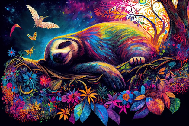 Sloth sleeping in forest with colorful birds and butterfly