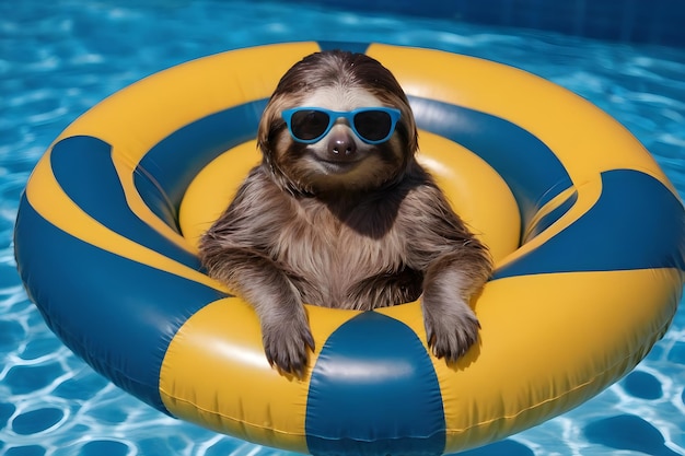 sloth in sunglasses in an inflatable ring in the pool