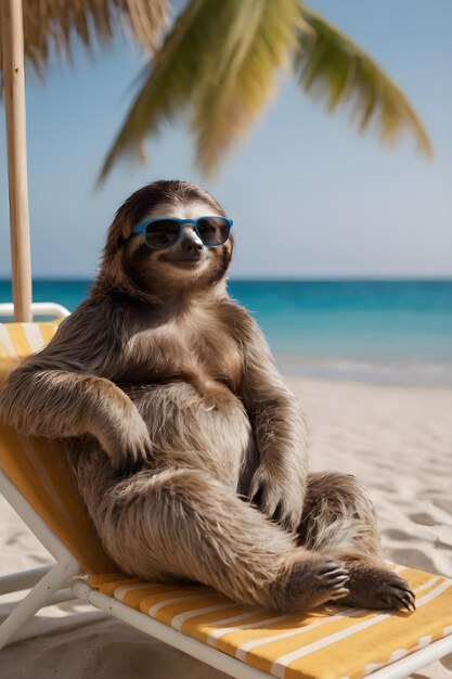 sloth in sunglasses resting in a sun lounger on the beach