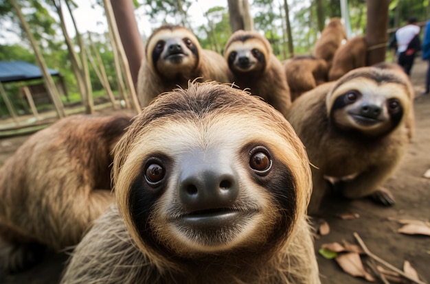 Sloth taking a selfie photo with a group sloths in the forest Generative AI