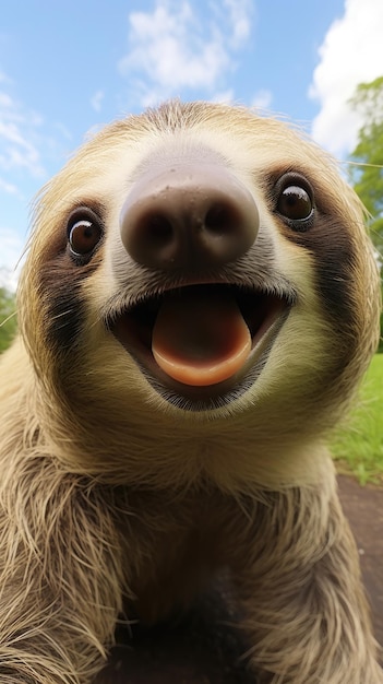 Photo sloth touches camera taking selfie funny selfie portrait of animal