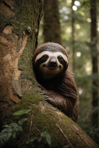 a sloth in a tree with a smile