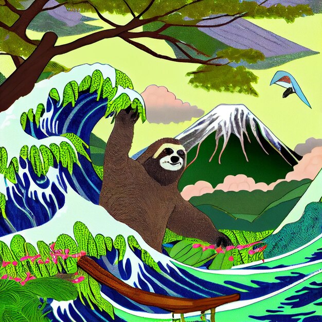 A sloth in a wave with a mountain in the background