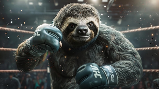 Photo a sloth wearing gloves in the fight arena