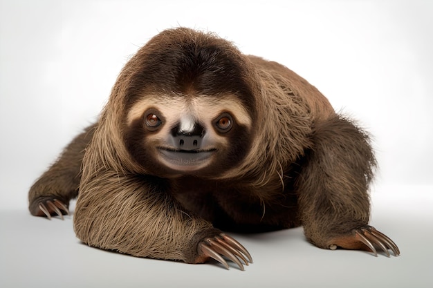 A sloth with a big nose is laying on a white background.