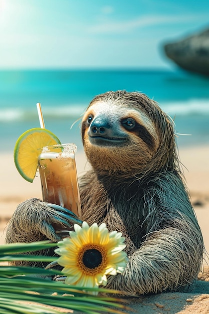 sloth with a cocktail on the beach