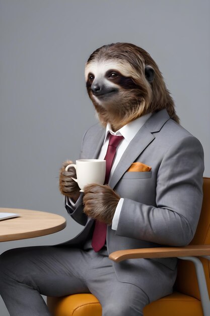 Photo sloth with a cup of coffee in a business suit in the office working