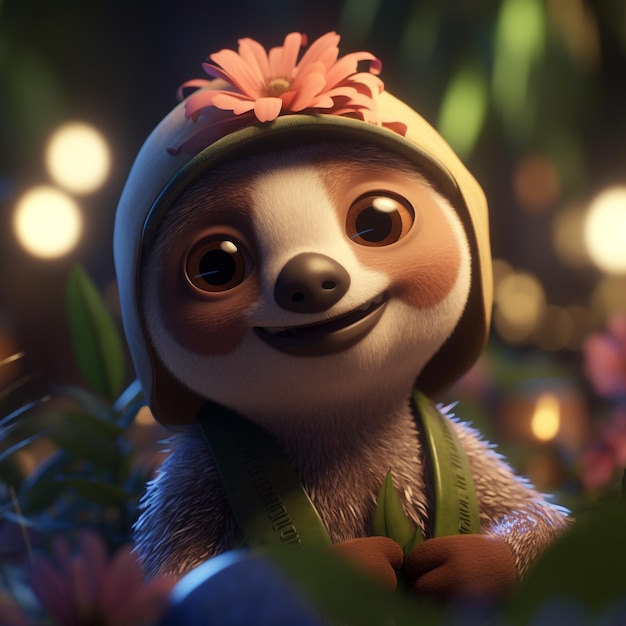 A sloth with a flower on his head sits in a garden.