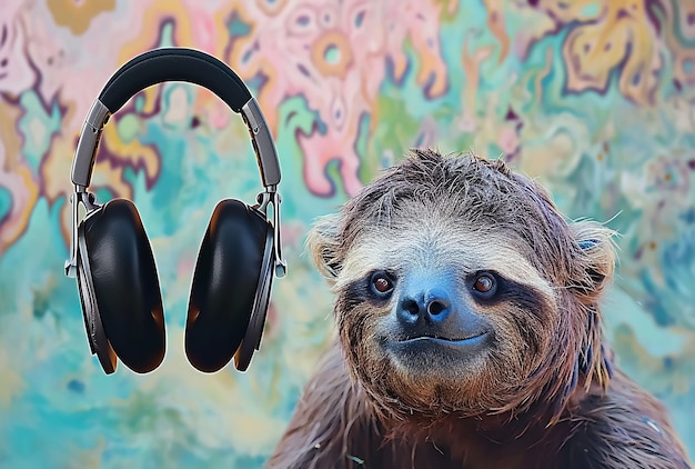 a sloth with headphones riding in the background