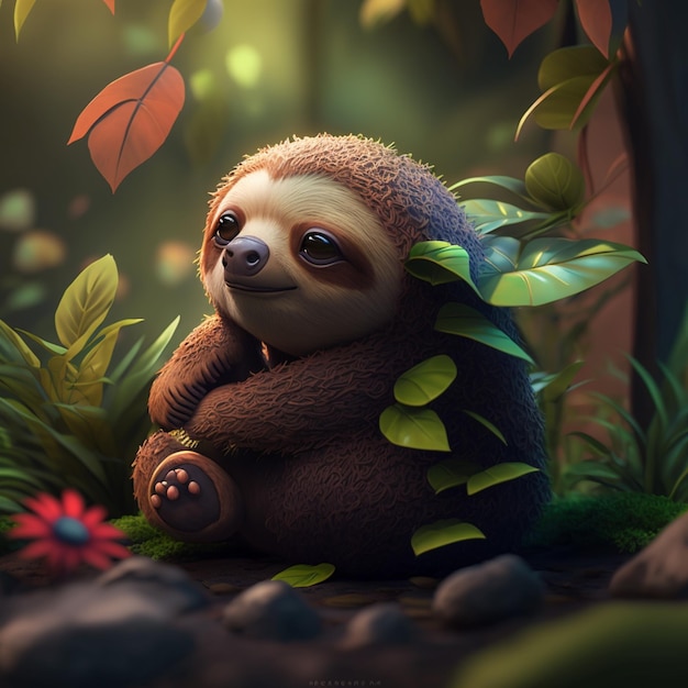 A sloth with a leaf on his head sits in the forest.