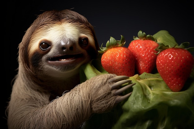 Photo a sloth with a piece of fruit in its mouth