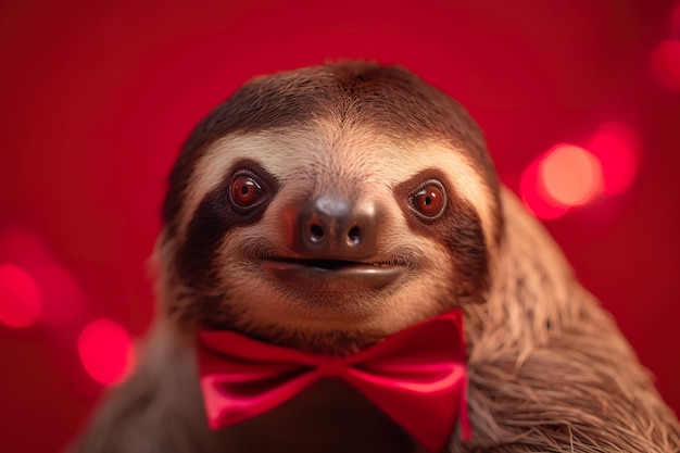 A sloth with a red bow tie sits in front of a red background.