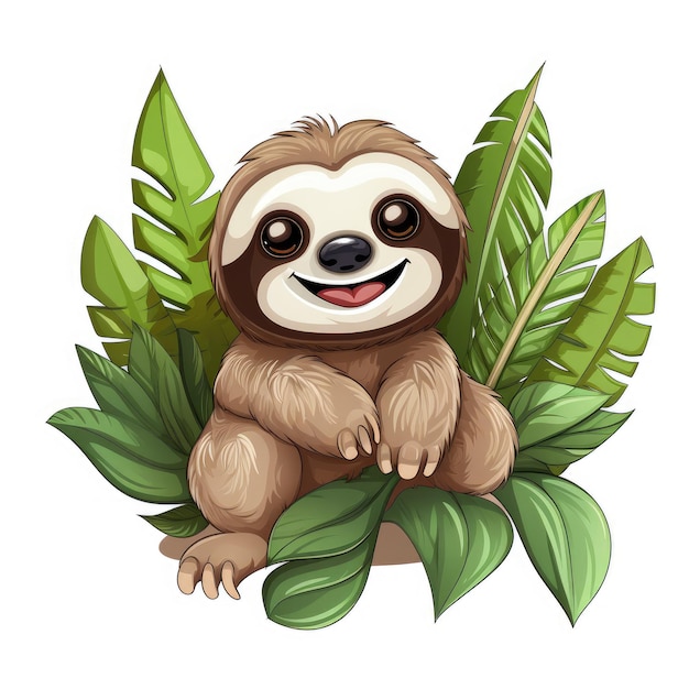 Slothful Delight Adorable Kawaiistyle Cartoon Sloth Sparkles in a Jungle Oasis