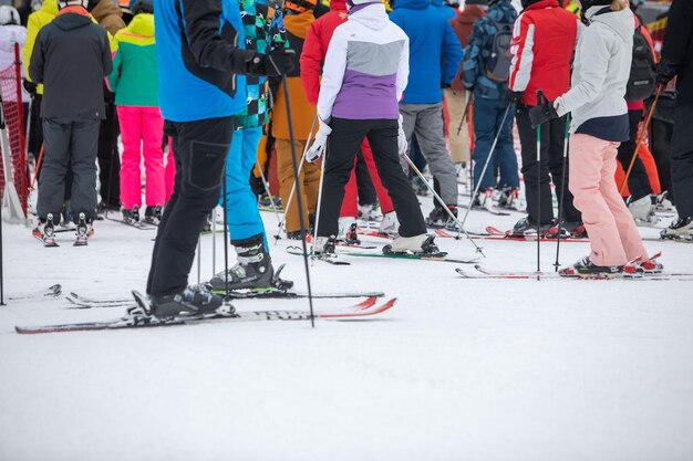 Slovakia Jasna February 4 2022 people in line to ski chair lift mountains resort