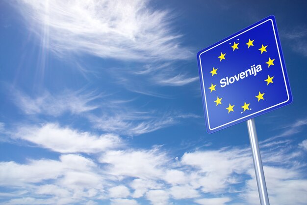 Slovenia Border Sign with clouds sky. 3D Rendering