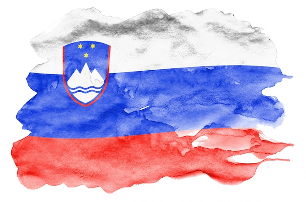 Флаг Словении изображен в жидком стиле акварели на белом