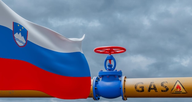 Словения Газовый кран на магистральном газопроводе Словения Трубопровод с флагом Словения Трубы газа