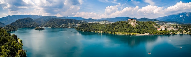 Slovenia - Panorama Aerial view resort Lake Bled. Aerial FPV drone photography.