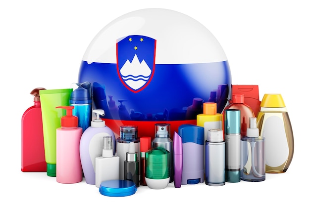 Photo slovenian flag with cosmetic bottles hair facial skin and body care products 3d rendering isolated on white background