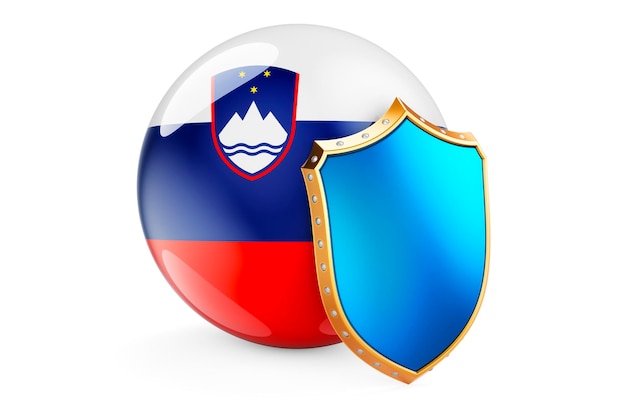 Photo slovenian flag with shield protect of slovenia concept 3d rendering