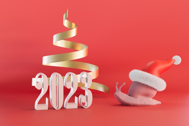 Photo the slow approach of 2023 a snail in a christmas hat crawling towards the inscription 2023 3d render