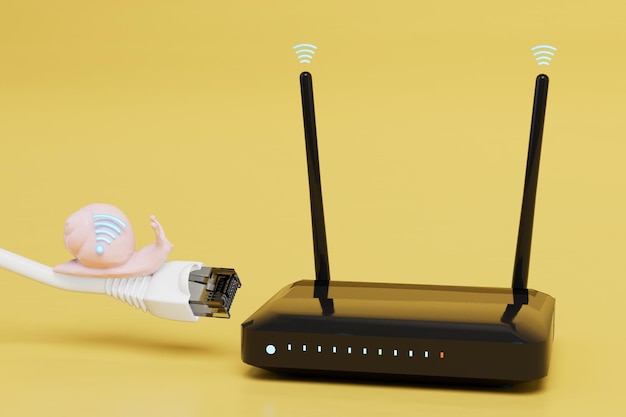 Фото Медленное, как улитка, соединение wi-fi через интернет-кабель с маршрутизатором 3d рендеринг