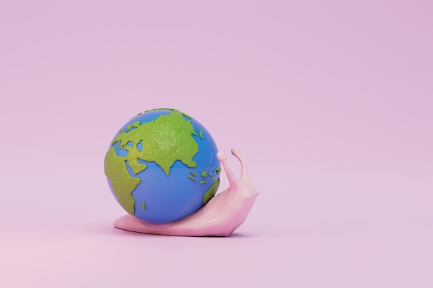 Slow changes on the planet a snail carrying a planet on a pink background 3D render