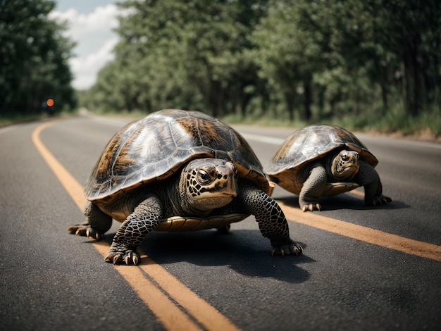 Slow but Determined Turtle Racing on the Road
