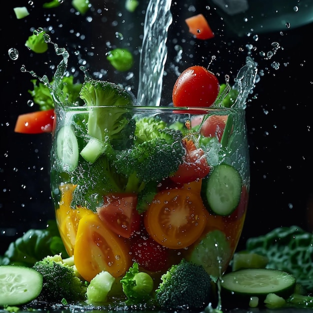 Photo slow motion blend fresh organic vegetables transformed into a vibrant smoothie for social media post