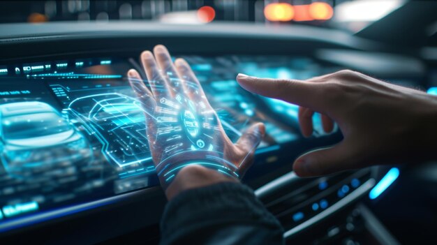 Photo slow motion closeup of a drivers hand interacting with a holographic display projected onto the