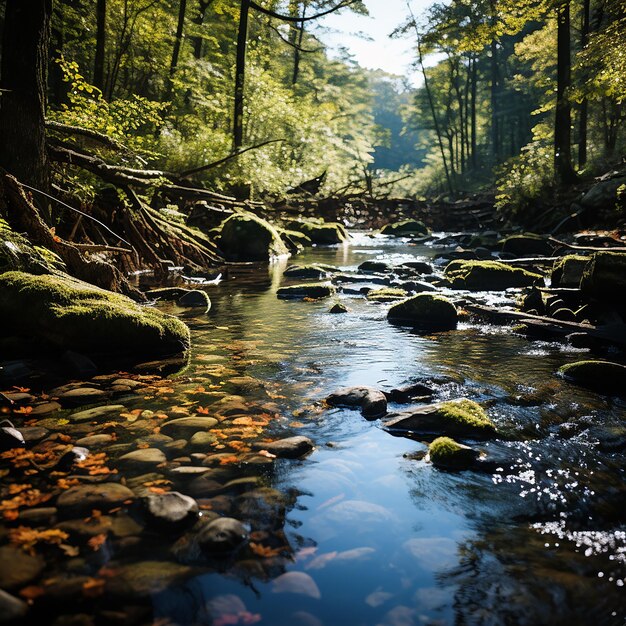 山の小川で流れる水のスローシャター画像