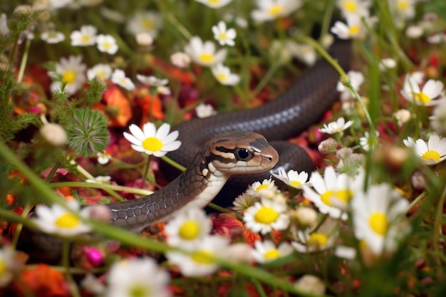 Slow worm camouflaged in a bed of wildflowers created with generative ai