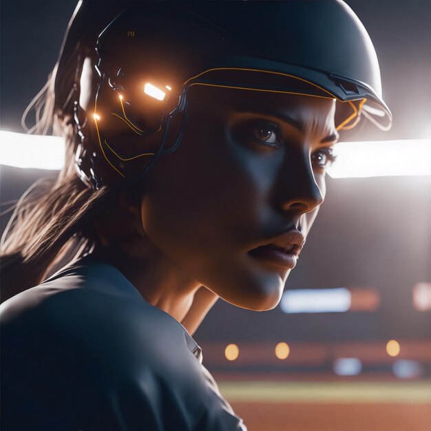 A slowmotion shot of a softball player illuminated by the bright lights of the stadium