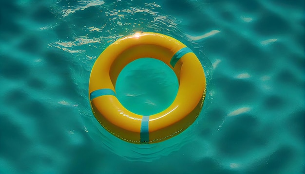 Sluit de gele vlotter van de zwembadring in blauw water