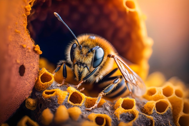 Sluit het gezicht van de bij naar de camera Macro honingbij zittend in de bijenstal buiten met onscherpe achtergrond