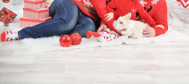 Sluit het gezin af met een konijn dat met Kerstmis in de woonkamer zit