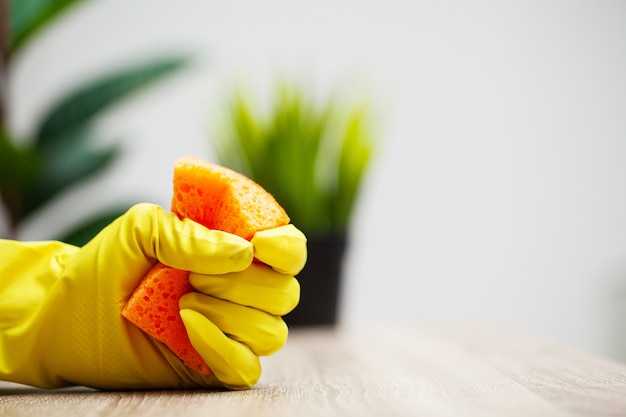 Sluit omhoog de schoonmakende spons van de de handholding van de bedrijfarbeider